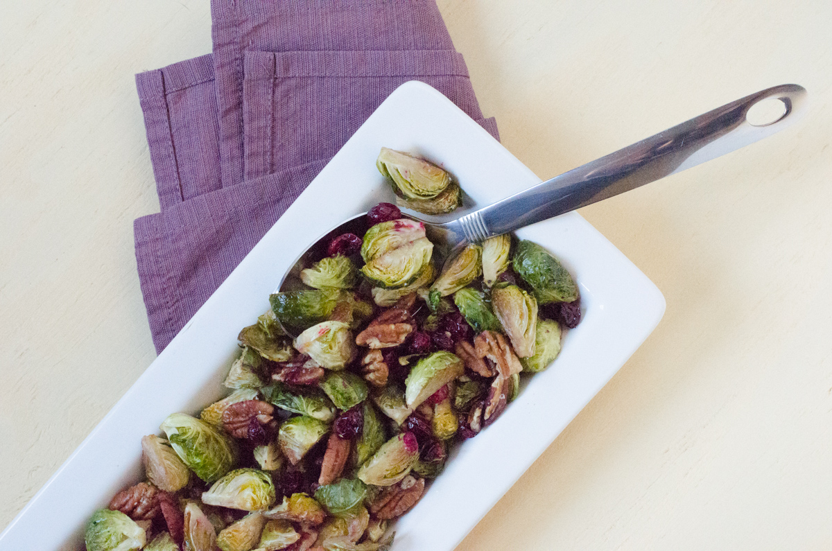 Roasted Brussels Sprouts with Cranberries and Pecans recipe from ChefSarahElizabeth.com