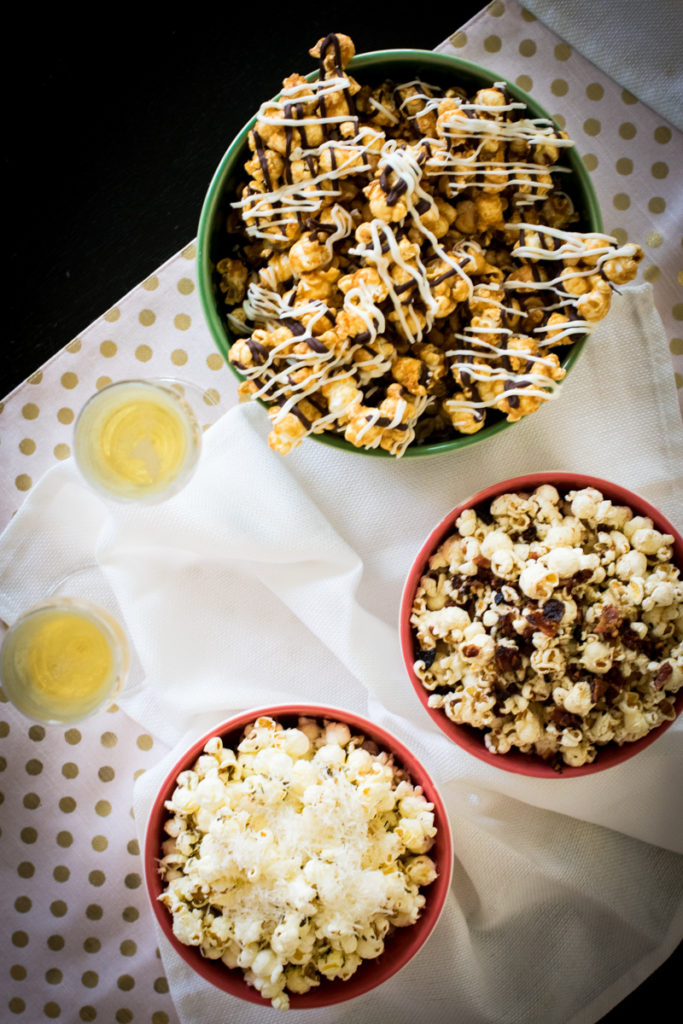 Trio of Fancy Popcorn in bowls from ChefSarahElizabeth.com