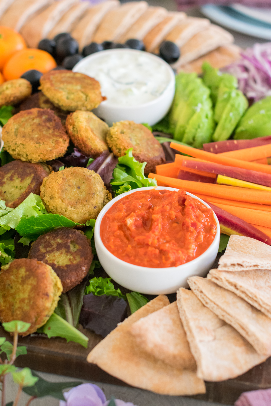 Falafel with vegetables and dips from ChefSarahElizabeth.com